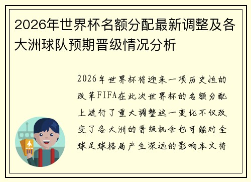 2026年世界杯名额分配最新调整及各大洲球队预期晋级情况分析